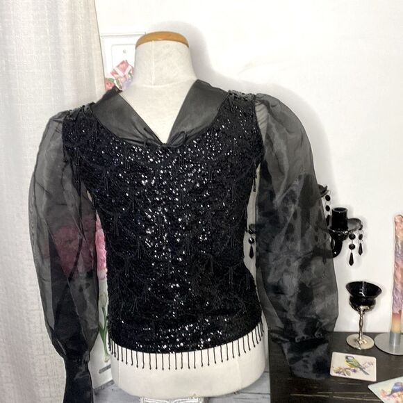 🌹 Gorgeous 100% Wool Vintage Sheer Puffed Sleeve Sequin Beaded Jacket 🌹 - Picture 8 of 10